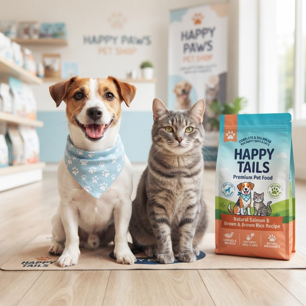 Perro y gato junto a un saco de alimento para mascotas